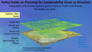 Policy Guide on Planning for Sustainability Gives us Direction 
Geographic Information Systems give us tools to model and choose 
Facilities, Sites, 
Assets 
the reality we need… 
Transit Plan 
Parcels and 
Zoning 
Imagery, 
panchromatic, IR, 
Oblique 
Land and Water 
Features 
Groundwater 
Terrain and 
natural resources 
Current 
Historical 
Modeled 
Predicted 
Comparative 
Planning actions toward sustainability 
Indicators of unsustainability 
 