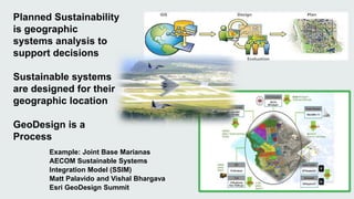 Planned Sustainability 
is geographic 
systems analysis to 
support decisions 
Sustainable systems 
are designed for their 
geographic location 
GeoDesign is a 
Process 
Example: Joint Base Marianas 
AECOM Sustainable Systems 
Integration Model (SSIM) 
Matt Palavido and Vishal Bhargava 
Esri GeoDesign Summit 
 