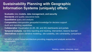 Sustainability Planning with Geographic 
Information Systems (uniquely) offers: 
• Scaleable data models, data management, and security 
• Standards and quality assurance tools 
• Quantitative query and analysis 
• Comparative interoperable geospatial knowledge for decision support 
• Audit and reporting capabilities 
• Collaborative Visualization (in 2D, 3D, and 4D) dashboards and portals 
• Temporal analysis, real time reporting and tracking, intervention, lessons learned 
• Alternatives analysis (iterative modeling), site suitability, site vulnerability, comparison 
• All within a cloud based architecture providing mapping and analysis across the 
organization. 
Desktop, mobile, enterprise, cloud… 
 
