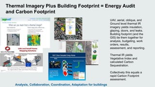 Thermal Imagery Plus Building Footprint = Energy Audit 
and Carbon Footprint 
UAV, aerial, oblique, and 
Ground level thermal IR 
imagery yields insulation, 
glazing, doors, and leaks. 
Building footprint (and the 
GIS) tie them together for 
analysis, budgeting, work 
orders, results, 
assessment, and reporting. 
Thermal IR yields 
Vegetative Index and 
calculated Carbon 
Sequestration. 
Collectively this equals a 
rapid Carbon Footprint 
assessment. 
Analysis, Collaboration, Coordination, Adaptation for buildings 
 