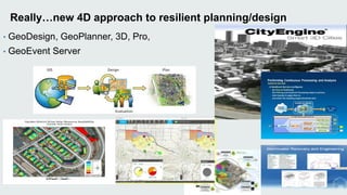 Really…new 4D approach to resilient planning/design 
• GeoDesign, GeoPlanner, 3D, Pro, 
• GeoEvent Server 
 