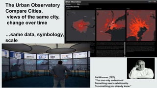 The Urban Observatory 
Compare Cities, 
views of the same city, 
change over time 
…same data, symbology, 
scale 
Sal Wurman (TED) 
“You can only understand 
Something new in relationship 
To something you already know.” 
 