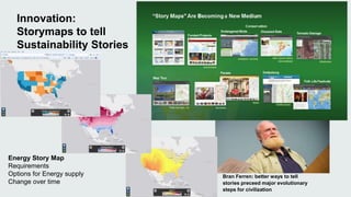 Innovation: 
Storymaps to tell 
Sustainability Stories 
Bran Ferren: better ways to tell 
stories preceed major evolutionary 
steps for civilization 
Energy Story Map 
Requirements 
Options for Energy supply 
Change over time 
 