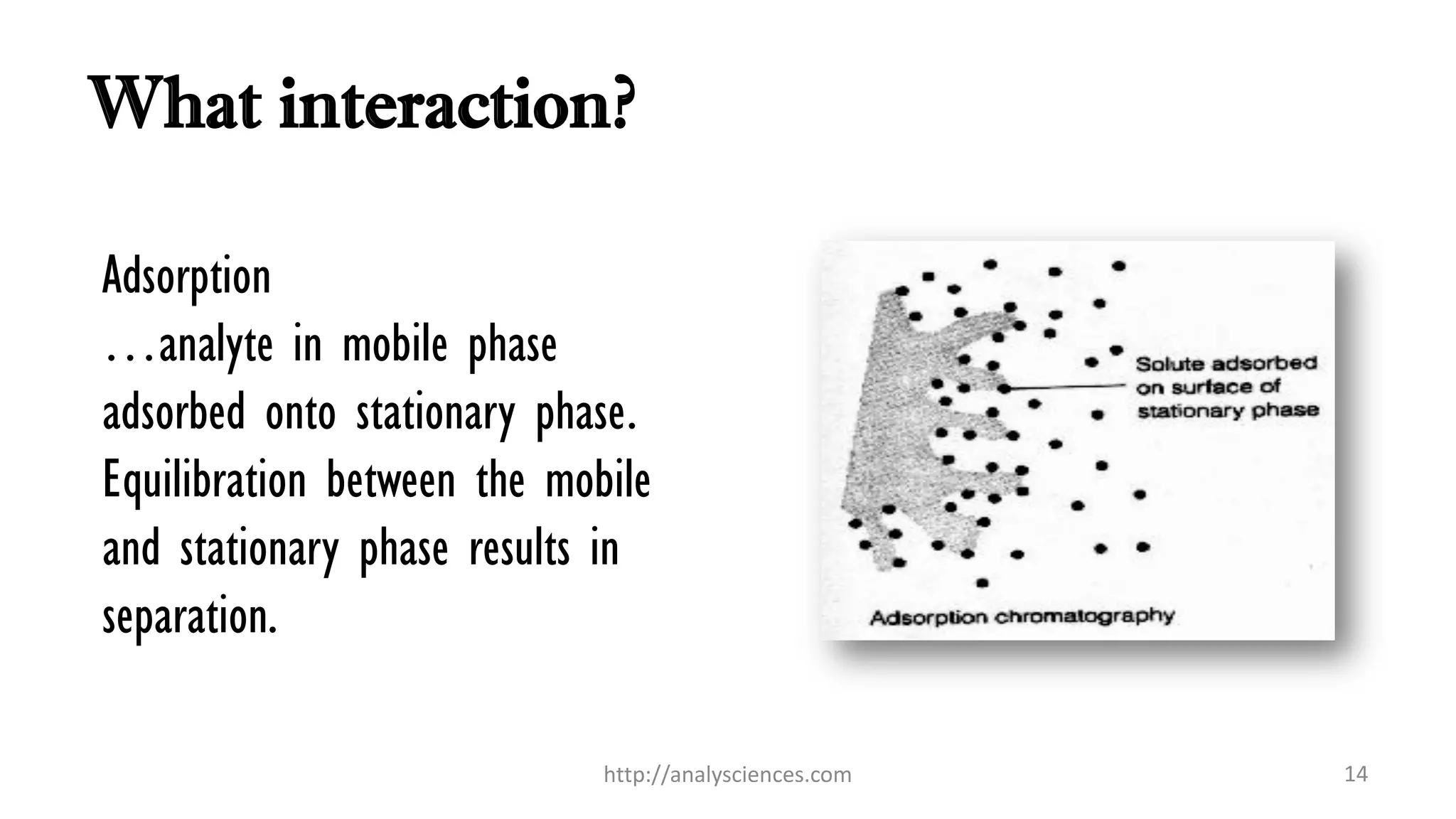 What interaction?
Adsorption
…analyte in mobile phase
adsorbed onto stationary phase.
Equilibration between the mobile
and stationary phase results in
separation.
http://analysciences.com 14
 