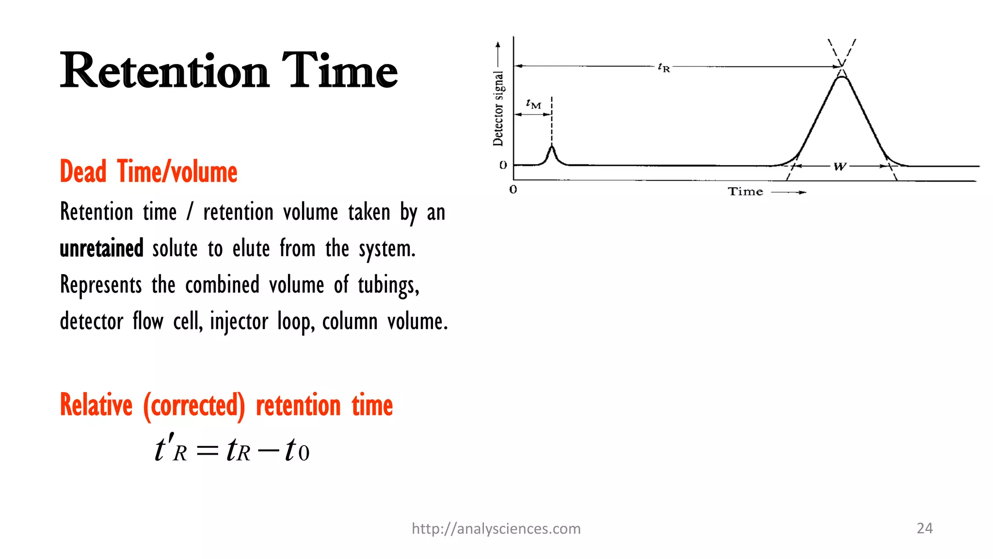 Retention Time
Dead Time/volume
Retention time / retention volume taken by an
unretained solute to elute from the system.
Represents the combined volume of tubings,
detector flow cell, injector loop, column volume.
Relative (corrected) retention time
0R Rt t t  
http://analysciences.com 24
 