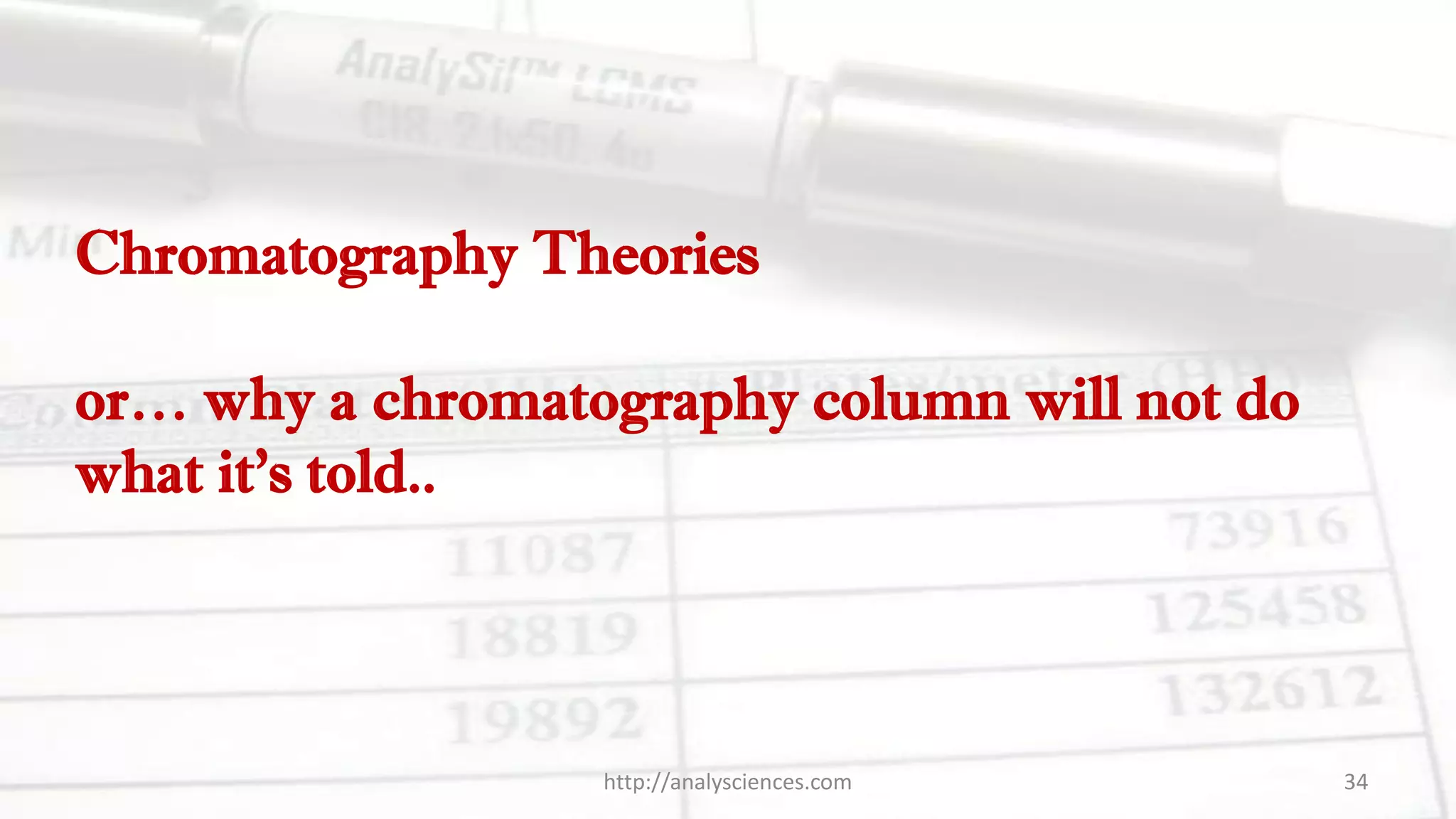 Chromatography Theories
or… why a chromatography column will not do
what it’s told..
http://analysciences.com 34
 