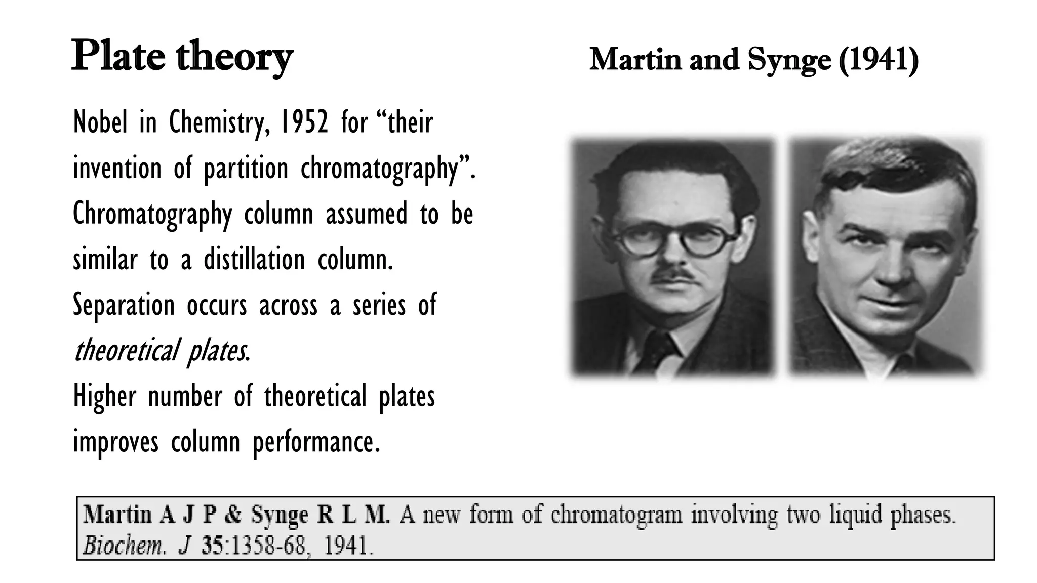 Plate theory Martin and Synge (1941)
Nobel in Chemistry, 1952 for “their
invention of partition chromatography”.
Chromatography column assumed to be
similar to a distillation column.
Separation occurs across a series of
theoretical plates.
Higher number of theoretical plates
improves column performance.
http://analysciences.com 35
 