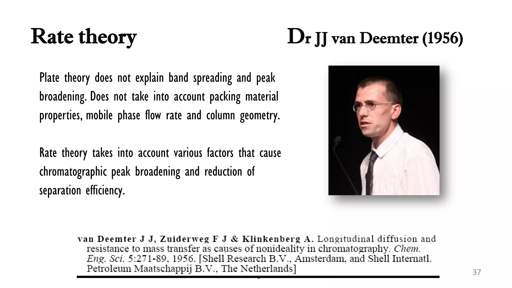 Rate theory Dr JJ van Deemter (1956)
Plate theory does not explain band spreading and peak
broadening. Does not take into account packing material
properties, mobile phase flow rate and column geometry.
Rate theory takes into account various factors that cause
chromatographic peak broadening and reduction of
separation efficiency.
37
 