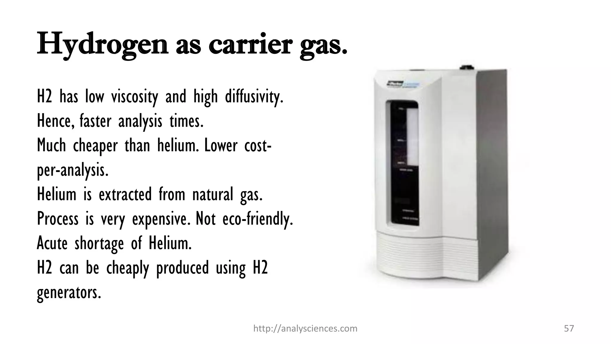Hydrogen as carrier gas.
H2 has low viscosity and high diffusivity.
Hence, faster analysis times.
Much cheaper than helium. Lower cost-
per-analysis.
Helium is extracted from natural gas.
Process is very expensive. Not eco-friendly.
Acute shortage of Helium.
H2 can be cheaply produced using H2
generators.
http://analysciences.com 57
 