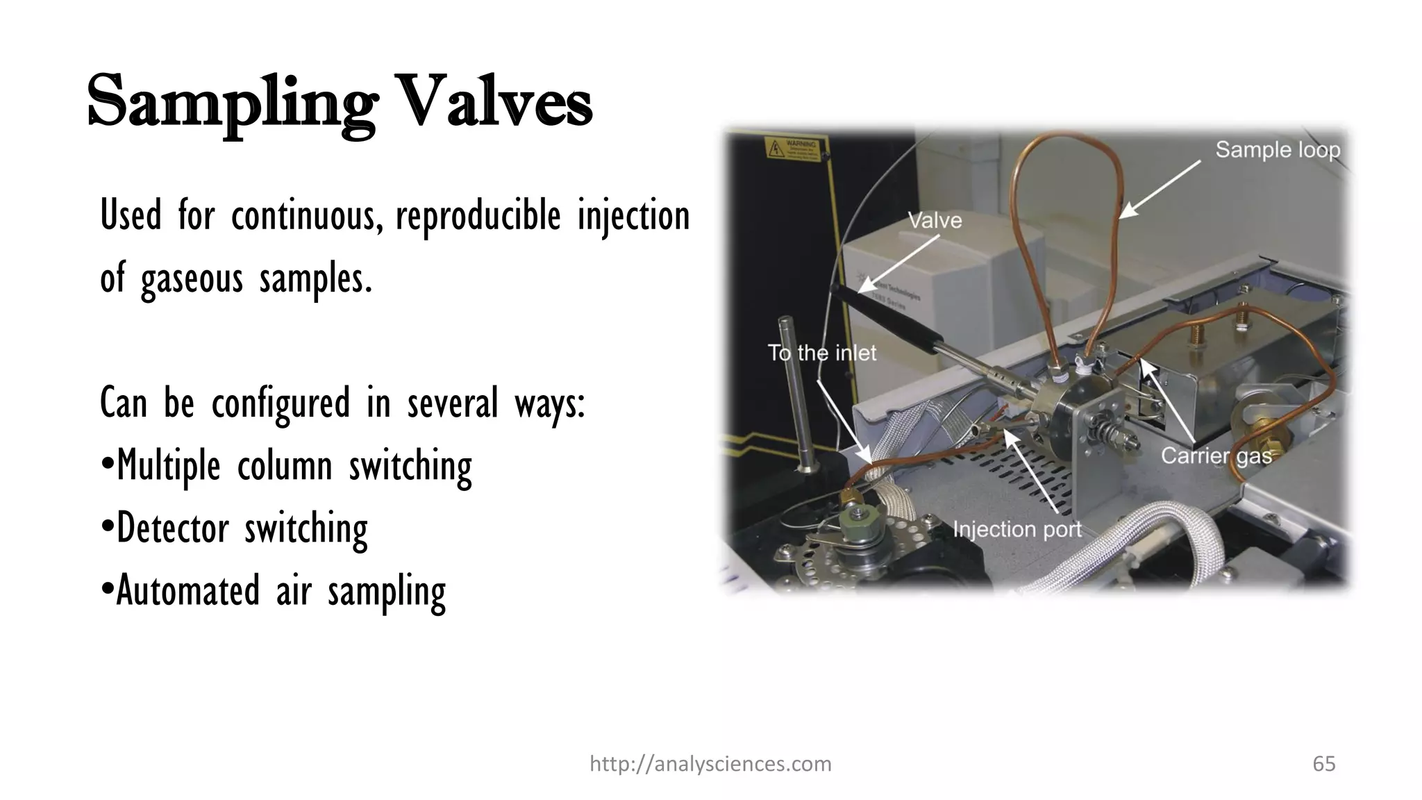 Sampling Valves
Used for continuous, reproducible injection
of gaseous samples.
Can be configured in several ways:
•Multiple column switching
•Detector switching
•Automated air sampling
http://analysciences.com 65
 
