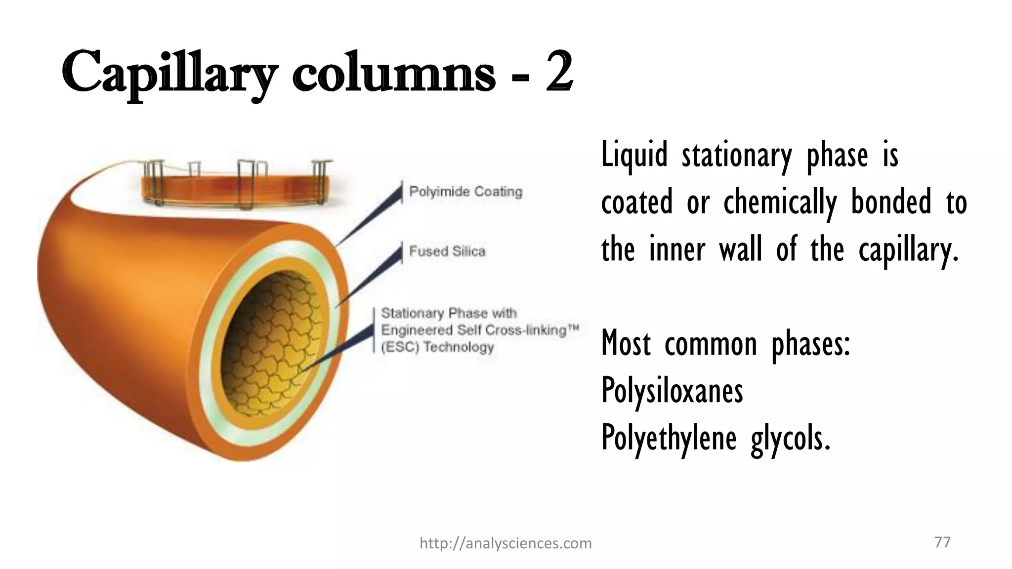 Capillary columns - 2
Liquid stationary phase is
coated or chemically bonded to
the inner wall of the capillary.
Most common phases:
Polysiloxanes
Polyethylene glycols.
http://analysciences.com 77
 