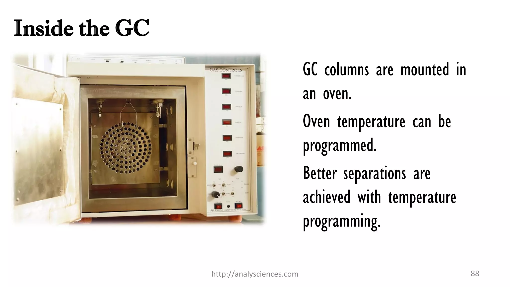 Inside the GC
88http://analysciences.com
GC columns are mounted in
an oven.
Oven temperature can be
programmed.
Better separations are
achieved with temperature
programming.
 