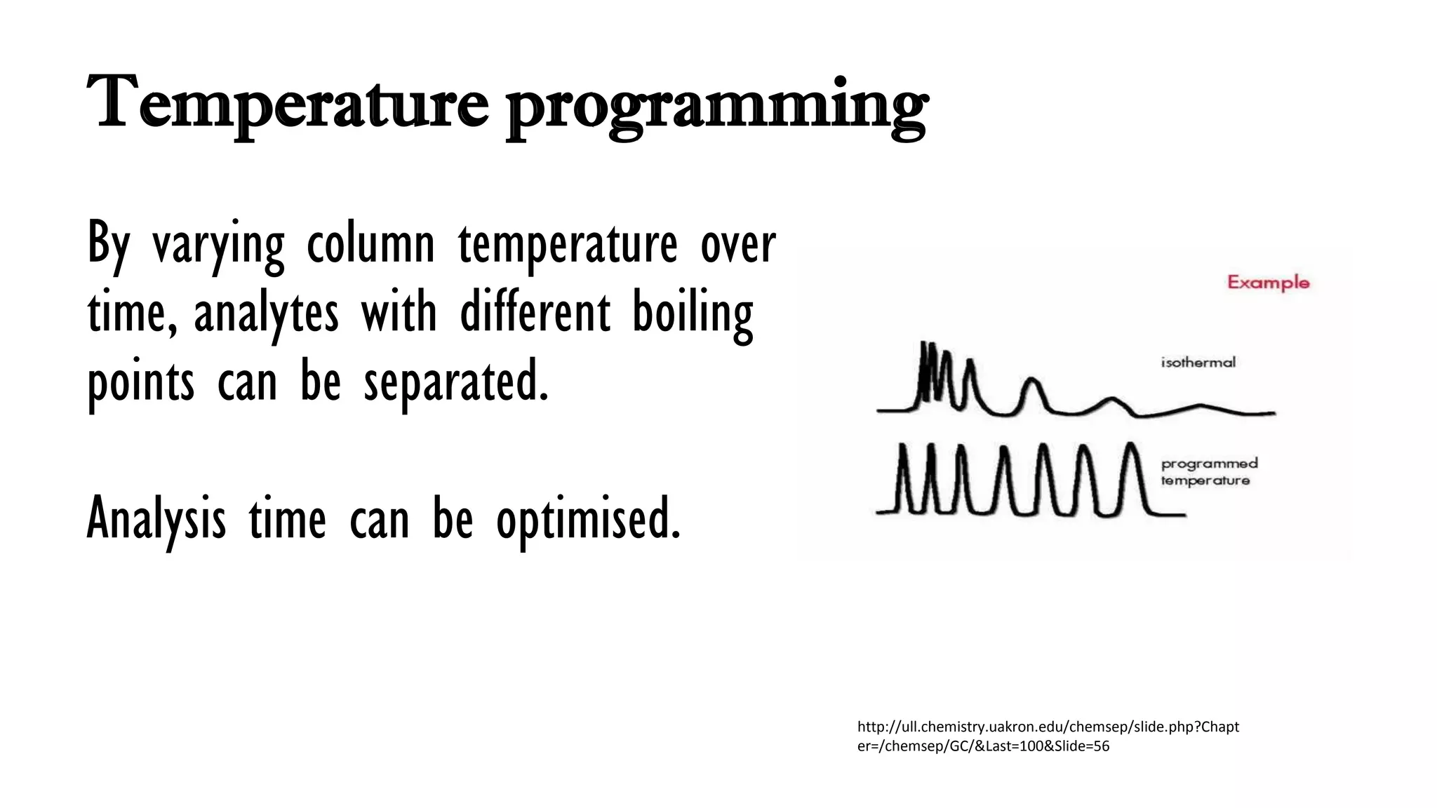 Temperature programming
By varying column temperature over
time, analytes with different boiling
points can be separated.
Analysis time can be optimised.
http://ull.chemistry.uakron.edu/chemsep/slide.php?Chapt
er=/chemsep/GC/&Last=100&Slide=56
 