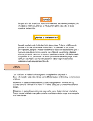 APATÍA
La apatía es la falta de emoción, motivación o entusiasmo. Es un término psicológico para
un estado de indiferencia, en el que un individuo no responde a aspectos de la vida
emocional, social o física.
¿Qué es la apatía escolar?
La apatía escolar importa desinterés referido al aprendizaje. El alumno está físicamente
presente en la clase, pero su mente está “en blanco” o concentrado en sus propias
preocupaciones,o dirigido a molestar el desarrollo de la clase,de la cual se siente ajeno e
incómodo. La apatía es un grave problema, pues el docente puede intentar estrategias
diversas para ayudar a alumnos con escasos conocimientos previos, o dificultades para la
comprensión lectora, pero motivar a un alumno que se resiste a aprender porque nada lo
conmueve, es una tarea casi imposible, sobre todo si tampoco presta atención a la
estrategia motivadora que plantea el docente.
CAUSAS
- Sus situaciones de vida son complejas y tienen serios problemas que pueden ir
desde enfermedades hasta malos hábitos, que les dificultan su buen rendimiento y permanencia en
el Colegio.
-Las familias de los estudiantes son desestructuradas, desorganizadas e inestables. No hay
un control familiar al estudiante ni un interés de su familia para que el Estudiante rinda bien en el
Colegio.
-El deterioro de las condiciones económicas hace que los padres decidan no enviar estudiante al
Colegio, o que el estudiante no tenga tiempo de hacer deberes o estudiar, porque tiene que ayudar
en la casa o trabajar.
 