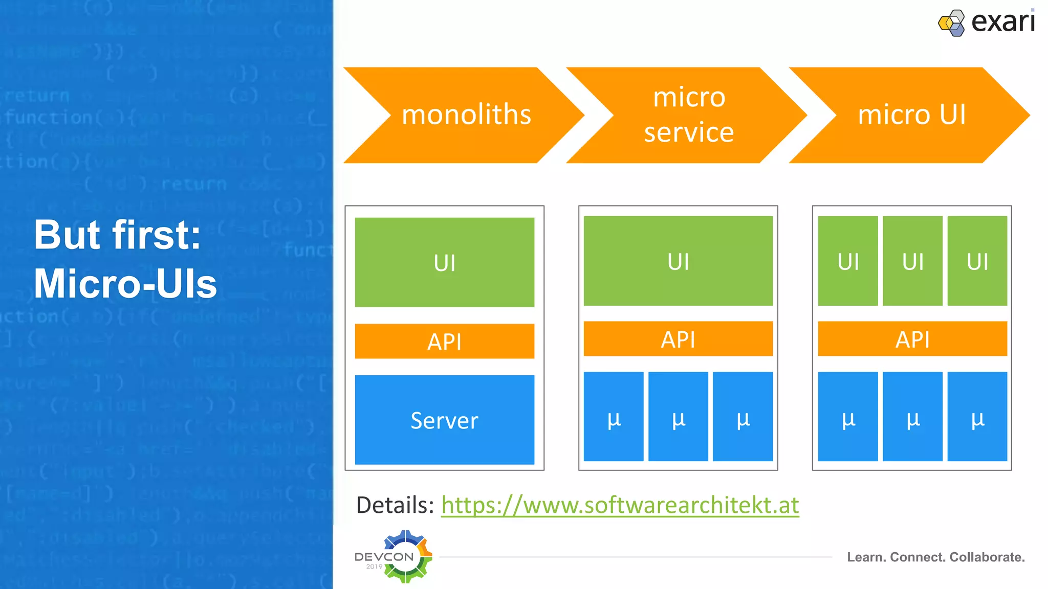 Learn. Connect. Collaborate.
But first:
Micro-UIs
UI
API
Server
UI
API
µ µµ
UI
API
µ µµ
UI UI
monoliths
micro
service
micro UI
Details: https://www.softwarearchitekt.at
 