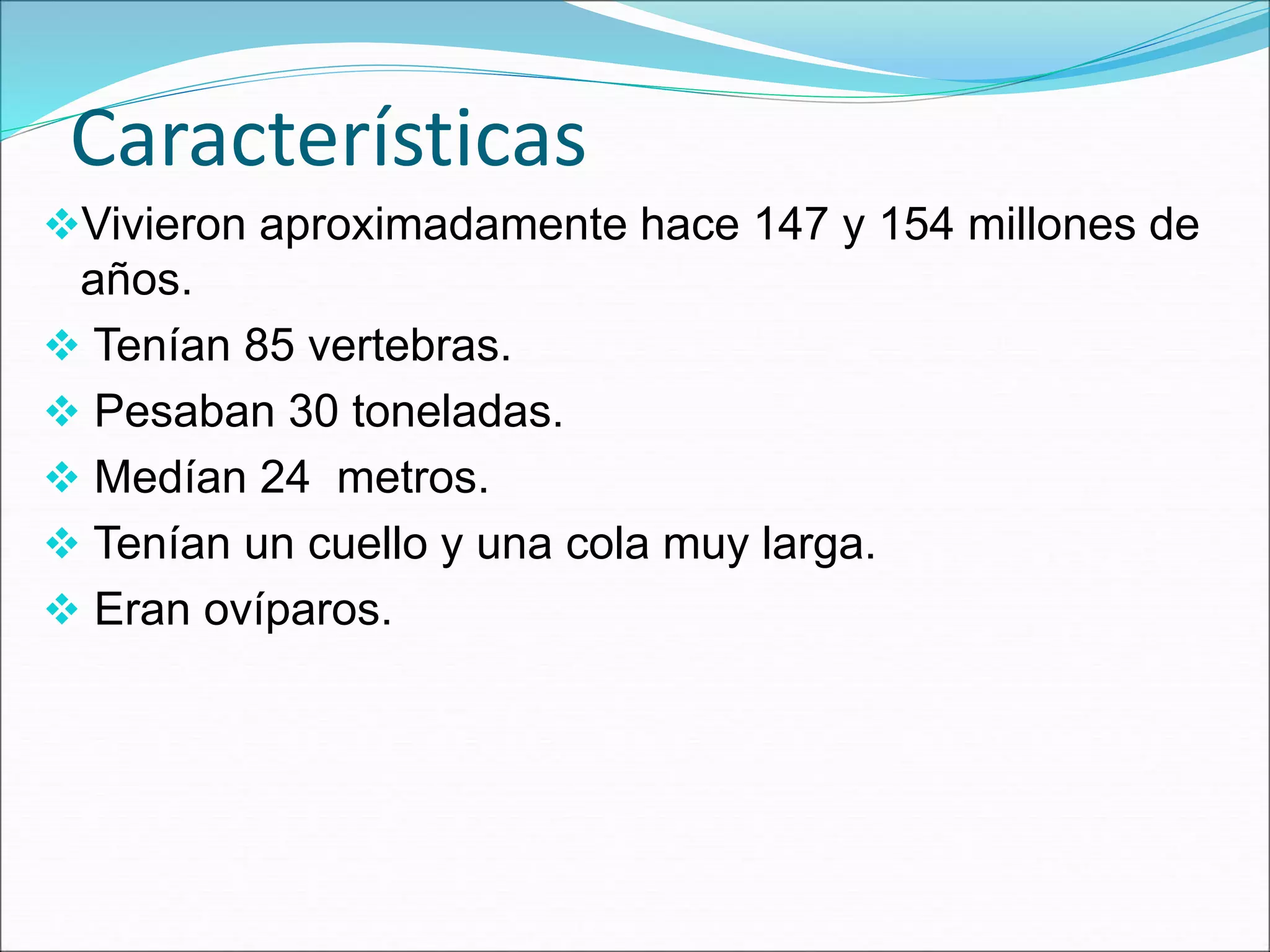 Características
Vivieron aproximadamente hace 147 y 154 millones de
años.
Tenían 85 vertebras.
Pesaban 30 toneladas.
Medían 24 metros.
Tenían un cuello y una cola muy larga.
Eran ovíparos.