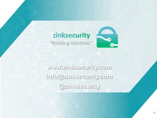 www.zinksecurity.com
info@zinksecurity.com
@zinksecurity
35	
  
 