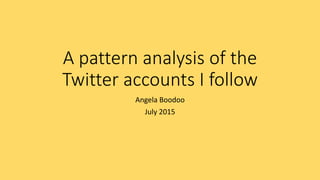 A pattern analysis of the
Twitter accounts I follow
Angela Boodoo
July 2015
 