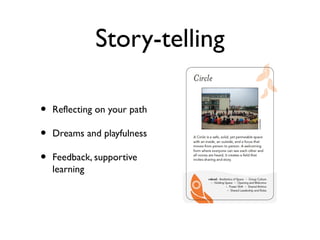 Story-telling
•
•
•

Reflecting on your path
Dreams and playfulness
Feedback, supportive
learning

 