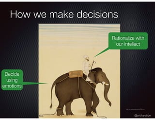 @crichardson
How we make decisions
Decide
using
emotions
Rationalize with
our intellect
http://en.wikipedia.org/wiki/Mahout
 