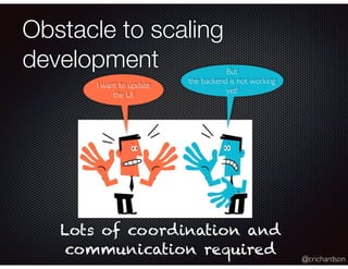 @crichardson
Lots of coordination and
communication required
Obstacle to scaling
development
I want to update
the UI
But
the backend is not working
yet!
 