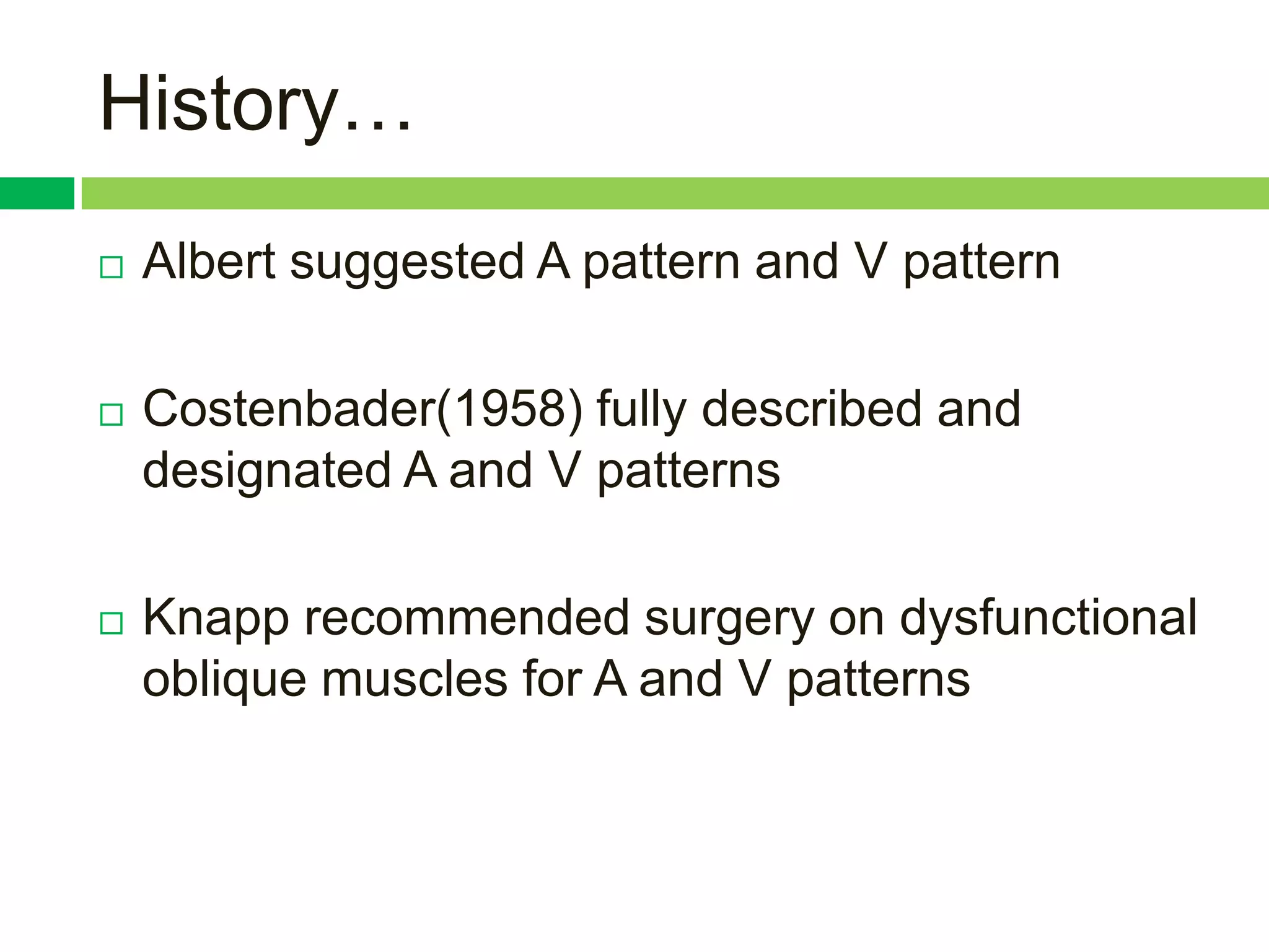 History…
   Albert suggested A pattern and V pattern

   Costenbader(1958) fully described and
    designated A and V patterns

   Knapp recommended surgery on dysfunctional
    oblique muscles for A and V patterns
 