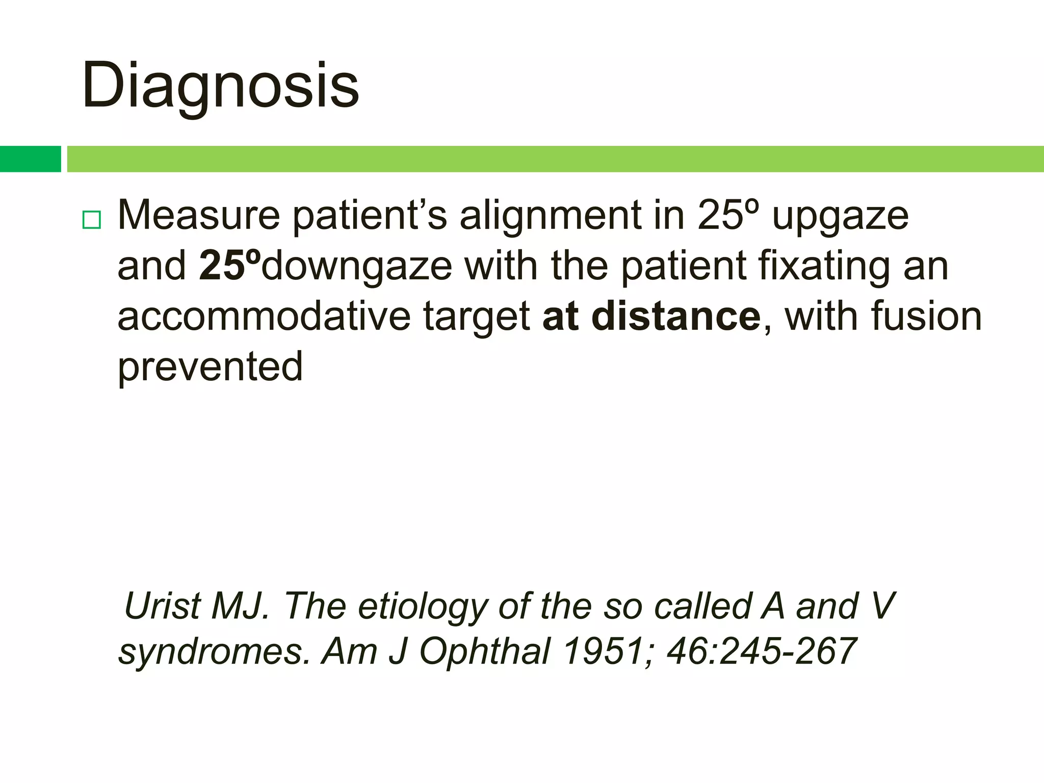 Diagnosis
   Measure patient‟s alignment in 25º upgaze
    and 25ºdowngaze with the patient fixating an
    accommodative target at distance, with fusion
    prevented




    Urist MJ. The etiology of the so called A and V
    syndromes. Am J Ophthal 1951; 46:245-267
 