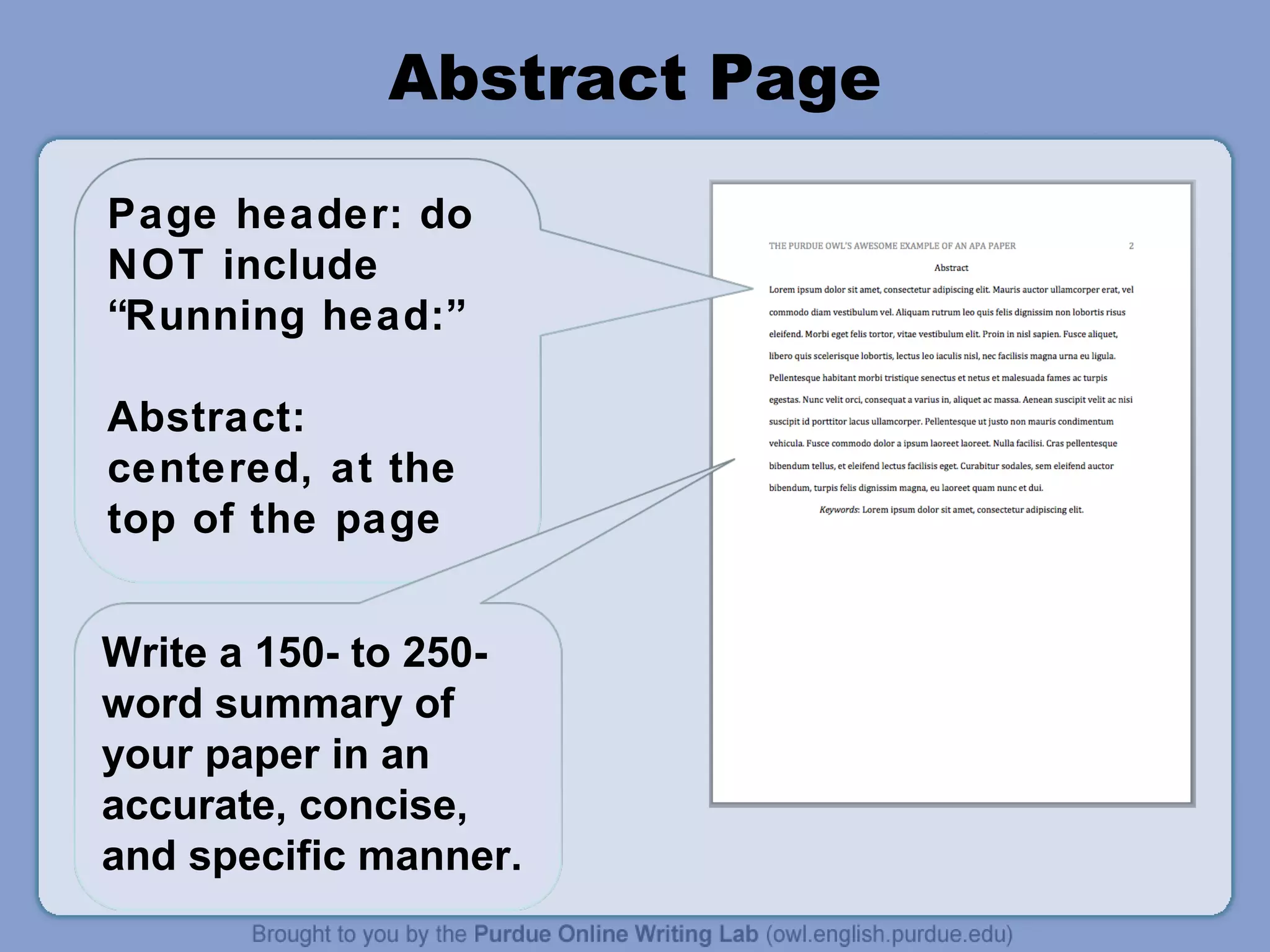 Abstract Page

Page header: do
NOT include
“Running head:”

Abstract:
centered, at the
top of the page


Write a 150- to 250-
word summary of
your paper in an
accurate, concise,
and specific manner.
 