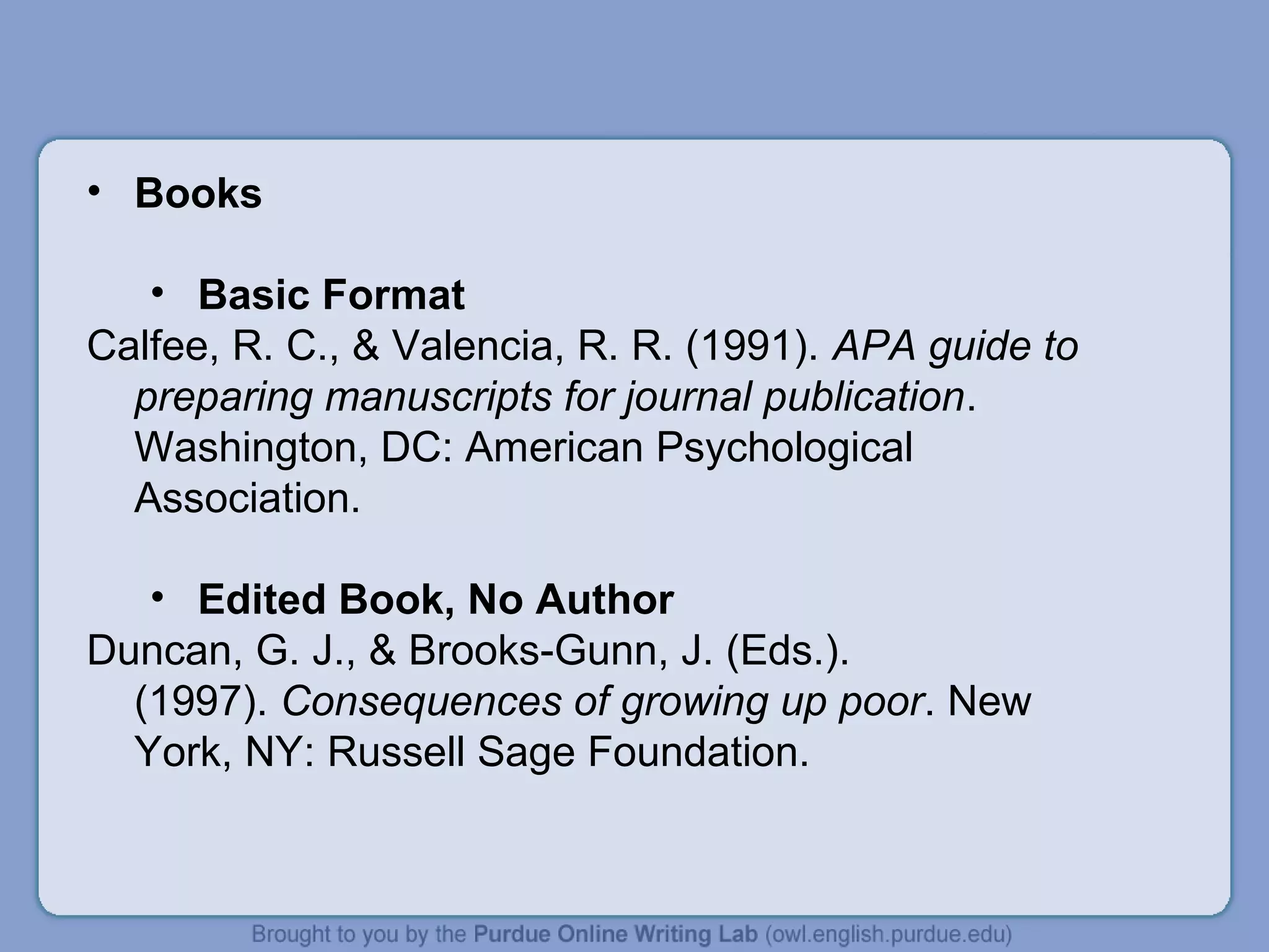 • Books

   • Basic Format
Calfee, R. C., & Valencia, R. R. (1991). APA guide to
  preparing manuscripts for journal publication.
  Washington, DC: American Psychological
  Association.

   • Edited Book, No Author
Duncan, G. J., & Brooks-Gunn, J. (Eds.).
  (1997). Consequences of growing up poor. New
  York, NY: Russell Sage Foundation.
 