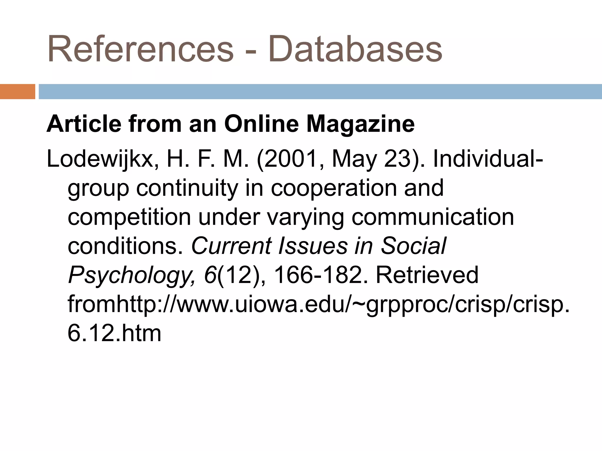 References – Other Online ContentGeneral FormAuthor, A. A. (Year). Title of work. Retrieved from web addressOnline Report from a Nongovernmental OrganizationKenney, G. M., Cook, A., & Pelletier, J. (2009). Prospects for reducing uninsured rates among children: How much can premium assistance programs help? Retrieved from Urban Institute website: http://www.urban.org/url.cfm?ID=411823