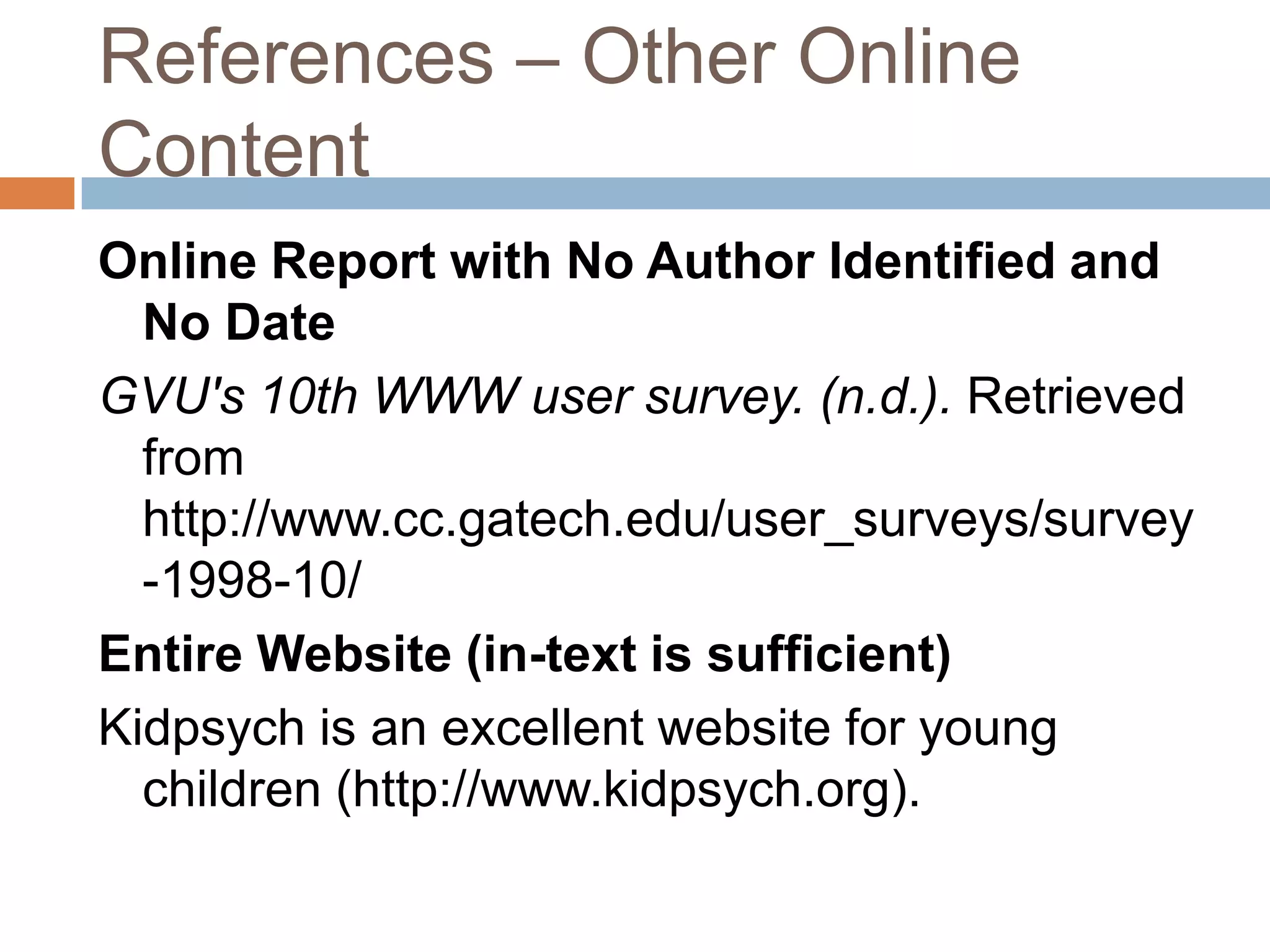In-text CitationsIndirect Quotation with Parenthetical CitationLibraries historically highly value intellectual freedom and patron confidentiality (LaRue, 2007)Indirect Quotation with Author as Part of the NarrativeLaRue (2007) identified intellectual freedom and patron confidentiality as two key values held historically by librariesDirect Quotation with Parenthetical CitationDarwin used the metaphor of the tree of life "to express the other form of interconnectedness–genealogical rather than ecological” (Gould & Brown, 1991, p. 14)