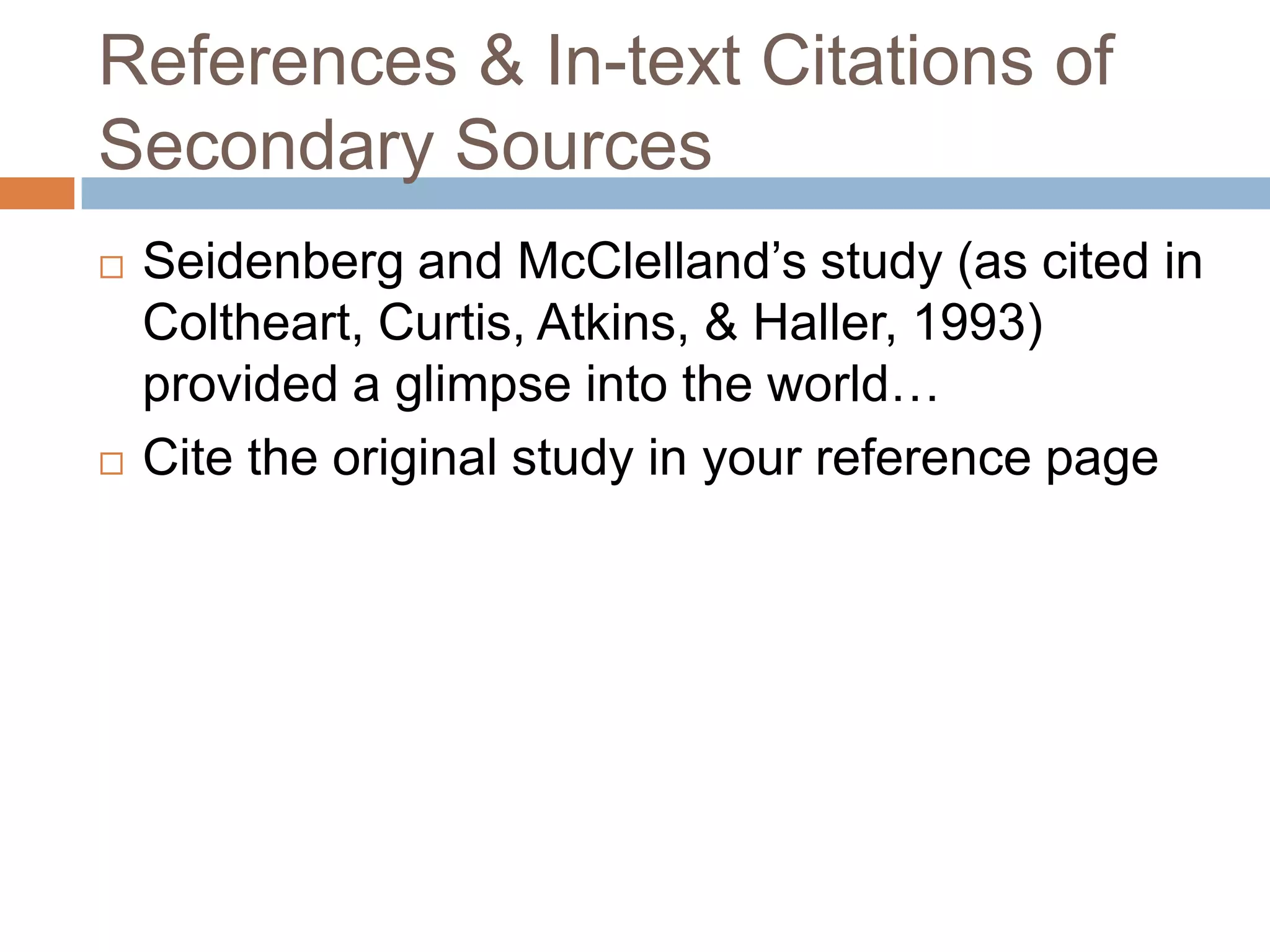 AppendicesSingular is “Appendix” and Plural is “Appendices”Each Appendix begins on a new pageFor only one appendix, title the first line of the page “Appendix” and center it. Do not bold this headingFor more than one appendix, title each first line of each appendix “Appendix A”, “Appendix B” and so on. This title should be centered. Do not bold this headingAppendices may contain subheadings that should be formatted according to the levels of heading on page 62 of the APA Version 6 manualAppendices should appear in the order in which they were referred to in the body of the research paperTables and figures must be numbered in the order in which they were discussed in the text of the research paperMust be double spacedRemember, appendices often include:Tables and figuresThese should appear before other appendicesInformed consent formsLetters to participantsSurvey instrumentsInterview/focus group protocolsData observation sheetsSPSS output of analyses conducted