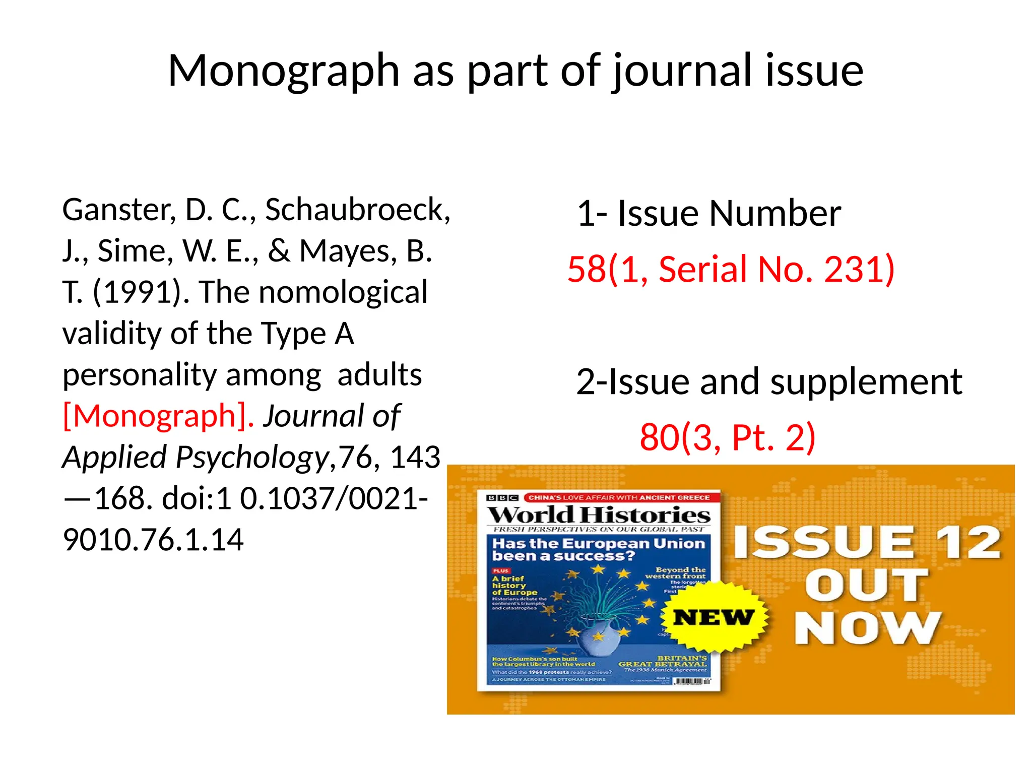 Monograph as part of journal issue
Ganster, D. C., Schaubroeck,
J., Sime, W. E., & Mayes, B.
T. (1991). The nomological
validity of the Type A
personality among adults
[Monograph]. Journal of
Applied Psychology,76, 143
—168. doi:1 0.1037/0021-
9010.76.1.14
1- Issue Number
58(1, Serial No. 231)
2-Issue and supplement
80(3, Pt. 2)
 