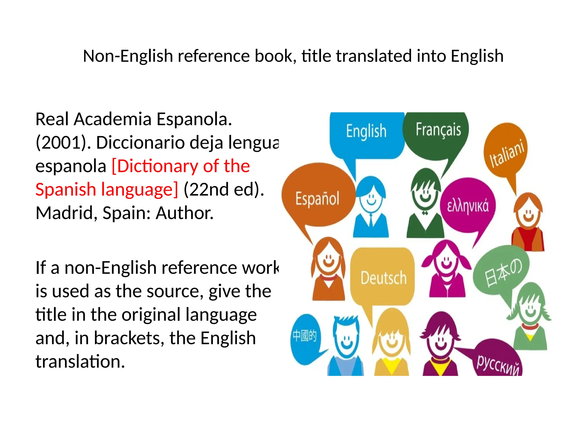Non-English reference book, title translated into English
Real Academia Espanola.
(2001). Diccionario deja lengua
espanola [Dictionary of the
Spanish language] (22nd ed).
Madrid, Spain: Author.
If a non-English reference work
is used as the source, give the
title in the original language
and, in brackets, the English
translation.
 