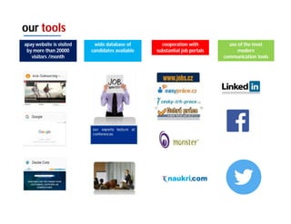 our tools
apay website is visited
by more than 20000
visitors /month
wide database of
candidates available
cooperation with
substantial job portals
use of the most
modern
communication tools
 