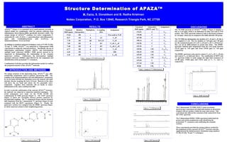 Structure Determination of APAZA TM M. Ferro , S. Donaldson and B. Radha Krishnan Nobex Corporation,  P.O. Box 13940, Research Triangle Park, NC 27709   ABSTRACT INTRODUCTION AND METHODS RESULTS CONCLUSIONS DISCUSSIONS C 14 CH 2 45.86 C 6 CH 117.34 C 2 C 119.54 C 9 , C 13 CH 121.32 C 3 CH 125.49 C 5 CH 126.32 C 10 , C 12 CH 129.96 C 8 C 142.26 C 4 C 142.56 C 11 C 150.14 C 7 C 167.98 C 1 C 170.98 C 15 C 174.51 Assignment Saturation (DEPT and  13 C) Chemical Shift (ppm) C 14 - H 2 -- s 2H 3.35 OH -- s 1H 3.43 C 6 - H 8.5 d 1H 6.77 C 10 - H , C 12 - H 8.5 d 2H 7.40 C 9 - H , C 13 - H 8.5 d 2H 7.69 C 5 - H 8.5, 2.5 dd 1H 7.78 C 3 - H 2.5 d 1H 8.27 Free acid or N- H -- s 1H 17.63 Assignment J coupling  (Hz) Multiplicity Relative Intergration Chemical Shift (ppm) 