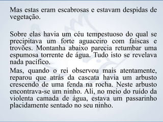 Mas estas eram escabrosas e estavam despidas de
vegetação.
Sobre elas havia um céu tempestuoso do qual se
precipitava um forte aguaceiro com faíscas e
trovões. Montanha abaixo parecia retumbar uma
espumosa torrente de água. Tudo isto se revelava
nada pacífico.
Mas, quando o rei observou mais atentamente,
reparou que atrás da cascata havia um arbusto
crescendo de uma fenda na rocha. Neste arbusto
encontrava-se um ninho. Ali, no meio do ruído da
violenta camada de água, estava um passarinho
placidamente sentado no seu ninho.
 