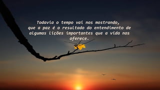 Todavia o tempo vai nos mostrando,
que a paz é o resultado do entendimento de
algumas lições importantes que a vida nos
oferece.
 
