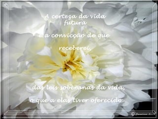 das leis soberanas da vida,
o que a elas tiver oferecido. 
A certeza da vida
futura
e a convicção de que
receberei,
 