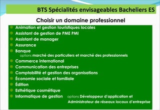 BTS Spécialités envisageables Bacheliers ES
              Choisir un domaine professionnel
 Animation et gestion touristiques locales
 Assistant de gestion de PME PMI
 Assistant de manager
 Assurance
 Banque
     options marché des particuliers et marché des professionnels
 Commerce international
 Communication des entreprises
 Comptabilité et gestion des organisations
 Économie sociale et familiale
 Édition
 Esthétique cosmétique
 Informatique de gestion      options Développeur d’application et
                               Administrateur de réseaux locaux d’entreprise
 