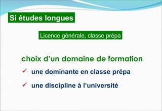 Si études longues

          Licence générale, classe prépa



    choix d’un domaine de formation
     une dominante en classe prépa
    une discipline à l’université
 
