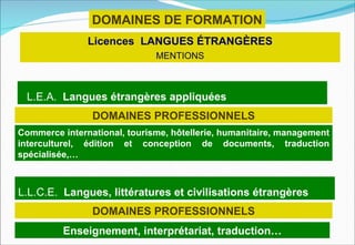 DOMAINES DE FORMATION
               Licences LANGUES ÉTRANGÈRES
                              MENTIONS



 L.E.A. Langues étrangères appliquées
                DOMAINES PROFESSIONNELS
Commerce international, tourisme, hôtellerie, humanitaire, management
interculturel, édition et conception de documents, traduction
spécialisée,…



L.L.C.E. Langues, littératures et civilisations étrangères
                DOMAINES PROFESSIONNELS
          Enseignement, interprétariat, traduction…
 