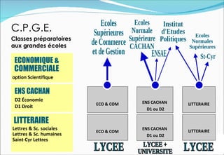 C.P.G.E.
Classes préparatoires
aux grandes écoles




option Scientifique



 D2 Économie                         ENS CACHAN
                         ECO & COM                LITTERAIRE
 D1 Droit                              D1 ou D2



Lettres & Sc. sociales               ENS CACHAN
                                                  LITTERAIRE
                         ECO & COM
Lettres & Sc. humaines                 D1 ou D2
Saint-Cyr Lettres
 