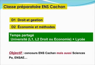 Classe préparatoire ENS Cachan


   D1 Droit et gestion

   D2 Économie et méthodes

   Temps partagé
   Université (L1, L2 Droit ou Economie) + Lycée



  Objectif : concours ENS Cachan mais aussi Sciences
  Po, ENSAE…
 