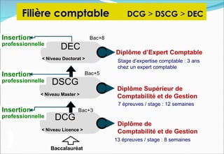 Filière comptable                         DCG > DSCG > DEC

Insertion
        o                           Bac+8
professionnelle
                      DEC
                                            Diplôme d’Expert Comptable
              < Niveau Doctorat >
                                             Stage d’expertise comptable : 3 ans
                                             chez un expert comptable
Insertion
        o                          Bac+5
professionnelle   DSCG
                                             Diplôme Supérieur de
             < Niveau Master >
                                             Comptabilité et de Gestion
                                             7 épreuves / stage : 12 semaines
Insertion
        o                     Bac+3
professionnelle    DCG
                                             Diplôme de
              < Niveau Licence >             Comptabilité et de Gestion
                                            13 épreuves / stage : 8 semaines
                  Baccalauréat
 
