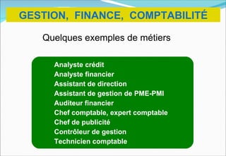 GESTION, FINANCE, COMPTABILITÉ

   Quelques exemples de métiers

     Analyste crédit
     Analyste financier
     Assistant de direction
     Assistant de gestion de PME-PMI
     Auditeur financier
     Chef comptable, expert comptable
     Chef de publicité
     Contrôleur de gestion
     Technicien comptable
 