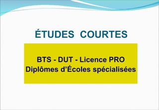 ÉTUDES COURTES

   BTS - DUT - Licence PRO
Diplômes d’Écoles spécialisées
 