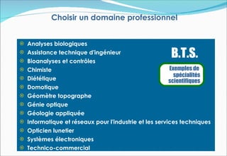 Choisir un domaine professionnel


 Analyses biologiques
 Assistance technique d'ingénieur
 Bioanalyses et contrôles
                                                      B.T.S.
 Chimiste                                           Exemples de
 Diététique
                                                       spécialités
                                                     scientifiques
 Domotique
 Géomètre topographe
 Génie optique
 Géologie appliquée
 Informatique et réseaux pour l'industrie et les services techniques
 Opticien lunetier
 Systèmes électroniques
 Technico-commercial
 