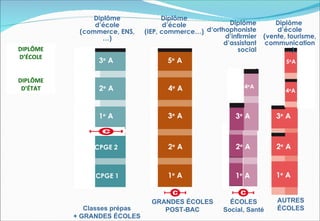 Diplôme              Diplôme
               d’école               d’école           Diplôme        Diplôme
           (commerce, ENS,    (IEP, commerce…) d‘orthophoniste         d’école
                  …)                                 d’infirmier   (vente, tourisme,
                                                     d’assistant    communication
DIPLÔME                                                  social           …)
D’ÉCOLE
                3e A                 5e A                                 5e A


DIPLÔME
 D’ÉTAT         2e A                 4e A                   4e A
                                                                          4e A



                1e A                 3e A                3e A          3e A



               CPGE 2                2e A                2e A          2e A


               CPGE 1                1e A                1e A          1e A


                                GRANDES ÉCOLES         ÉCOLES          AUTRES
             Classes prépas        POST-BAC          Social, Santé     ÉCOLES
          + GRANDES ÉCOLES
 