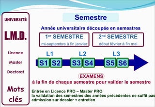 Semestre
               Année universitaire découpée en semestres
                  1er SEMESTRE               2nd SEMESTRE
                mi-septembre à fin janvier   début février à fin mai

Licence           L1                 L2              L3
Master        S1 S2              S3 S4           S5 S6
Doctorat
                                EXAMENS
           à la fin de chaque semestre pour valider le semestre
Mots       Entrée en Licence PRO – Master PRO
           la validation des semestres des années précédentes ne suffit pas
clés       admission sur dossier + entretien
 